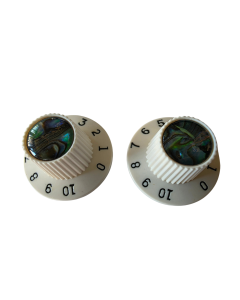 Set of 2 Jazzmaster push fit witch hat volume and tone knobs vintage white with abalone inlay fits CTS