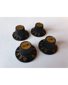 (4) Guitar witch hat knobs black with a gold insert metric size