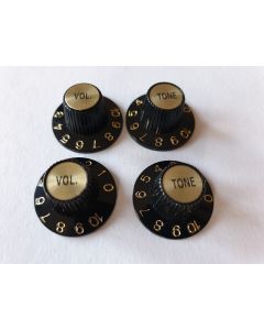 (4) Guitar metric size witch hat knobs black with a gold insert KG-260