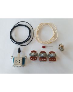 Alpha Stratocaster wiring kit with Alpha pots, Alpha 5 way switch, Fender cloth wire, Mono Jack, Cap