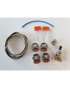 Les Paul wiring kit with 4x Alpha pots, 2x Orange drop caps, Cloth wire, Mono Jack, 3 way toggle switch